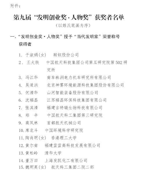 山河智能董事长何清华荣获“第九届发明创业奖·人物奖”特等奖