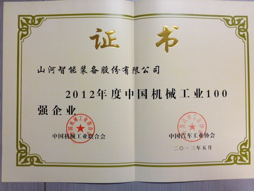 2012年中国机械工业百强企业证书