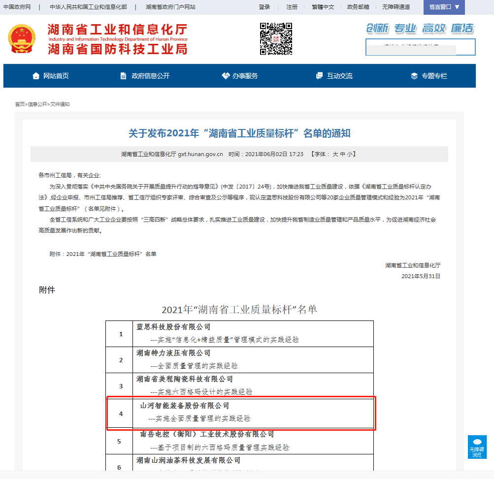 山河智能荣获湖南省工业质量标杆企业