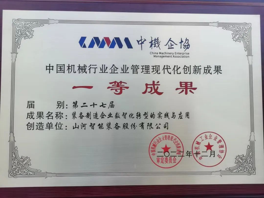 厉害！山河智能喜获第二十七届中国机械行业企业管理现代化创新成果一等奖