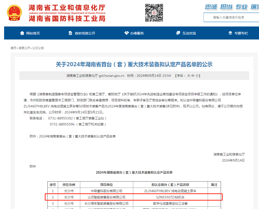 山河智能产品入选湖南省首台（套）重大技术装备产品名单